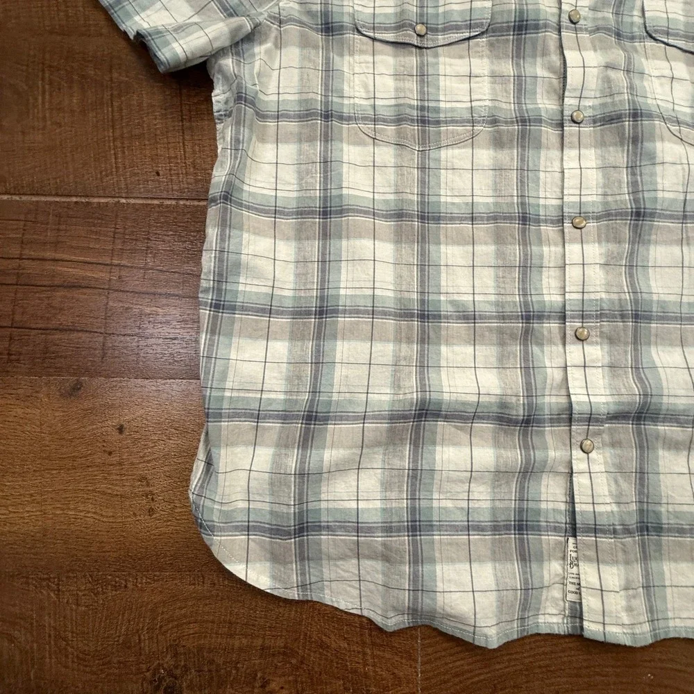 Lucky Brand Western Shirt Mens XXL Blue Plaid Saturday Stretch Short Sleeve Snap